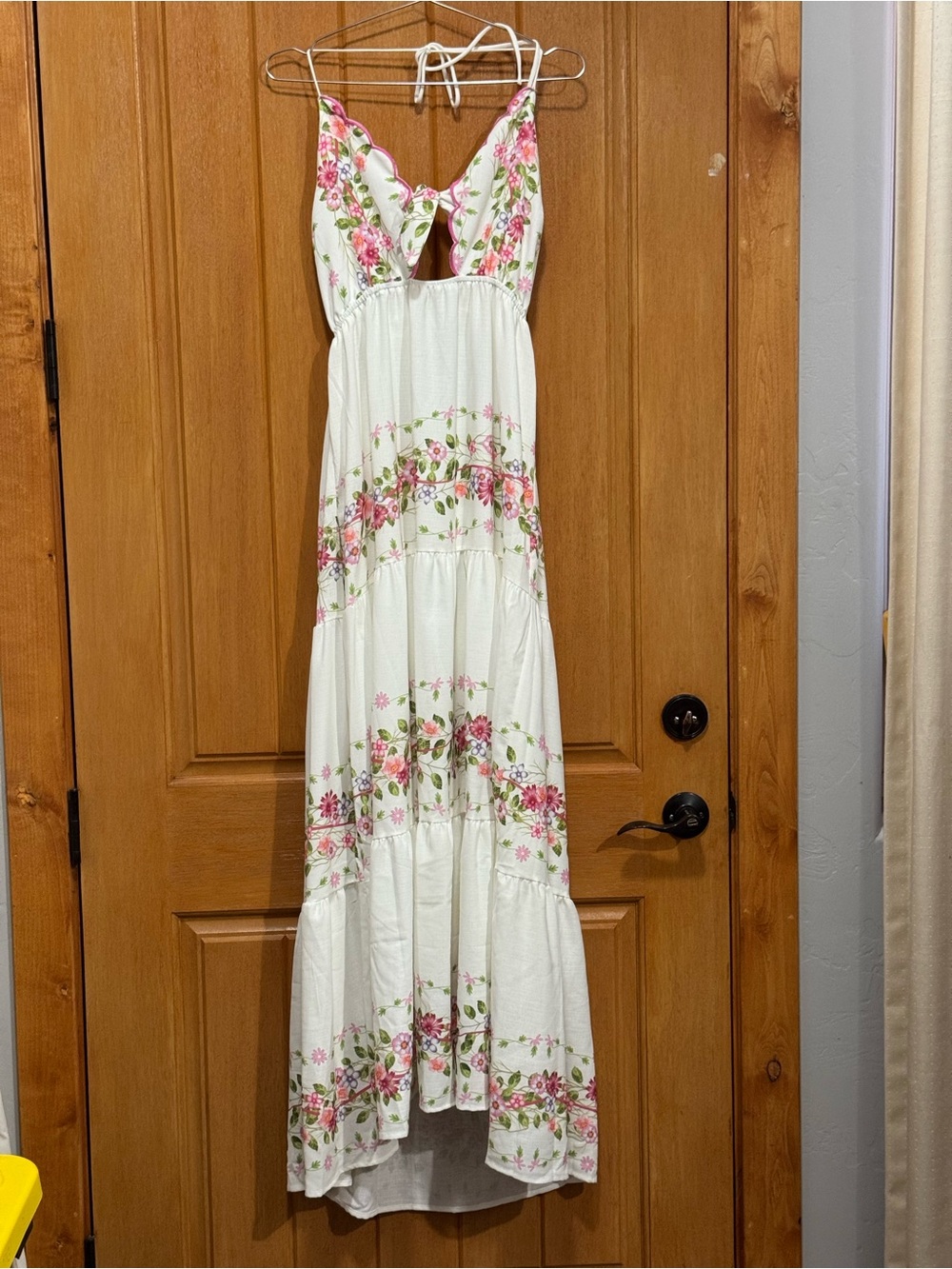 Main Strip Large White Maxi Dress with Pink Floral Print Pit 20 Length 56” NWT